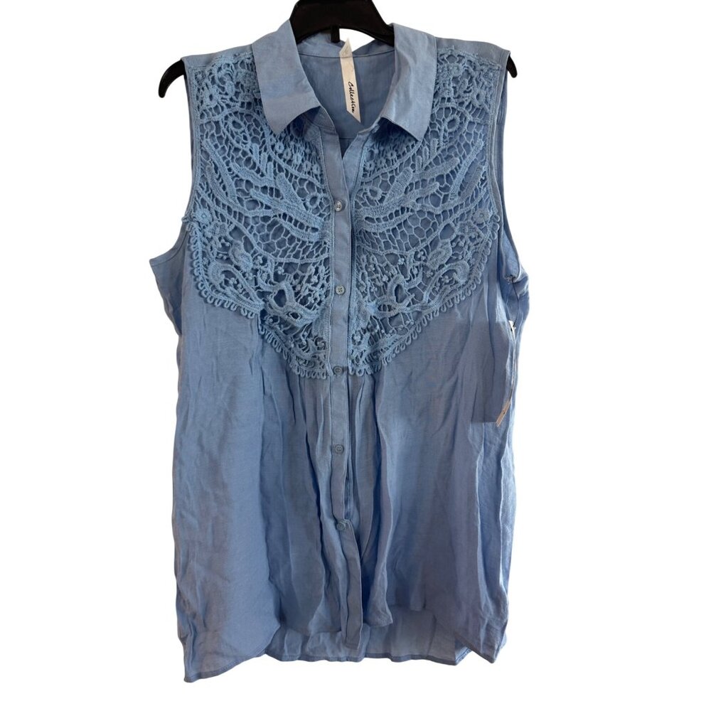 NY Collection Womens Medium Cotton Sleeveless Button-Up Lace Panel Shirt Blue Co